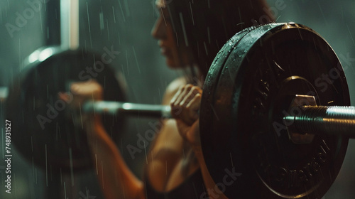 athletic woman in sportswear exercising with dumbbell in gym