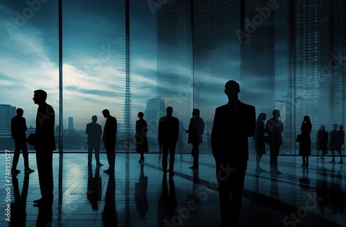 silhouetted business people in the office building