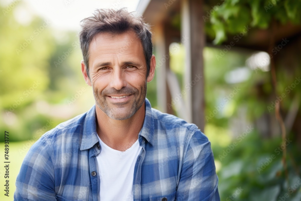 Face portrait of a smiling farmer at the garden. Handsome american man in the home farm Face portrait of a smiling farmer at the garden. Handsome american man in the home farm