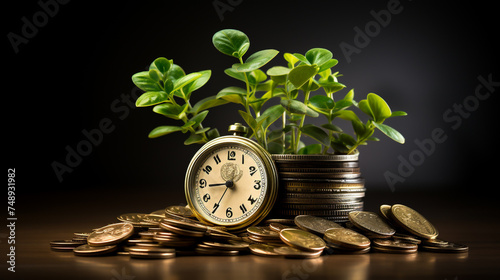 Envision a blend of tradition and innovation with a retro alarm clock and a digitally enhanced plant sprouting from a stack of luminous electronic coins  photo