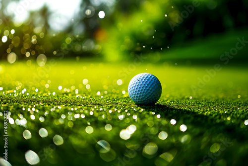 Tee Time Tranquility: Pristine Golf Ball and Tee on Lush Green, created with Generative AI technology