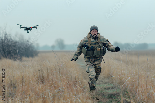 soldier trying to run out of drone at day time autumn non-urban battlefield. Neural network generated image. Not based on any actual scene or pattern. photo