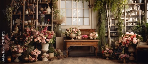 A room overflowing with an abundance of colorful flowers and lush green plants. Various types of flowers are arranged in vases and pots, adding a burst of nature to the rooms decor.