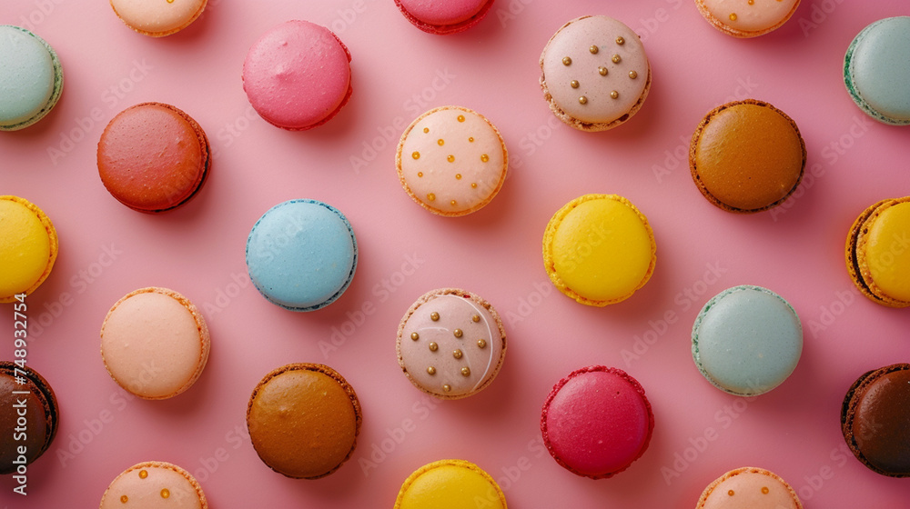 colorful macarons with different flavors on white background, top view