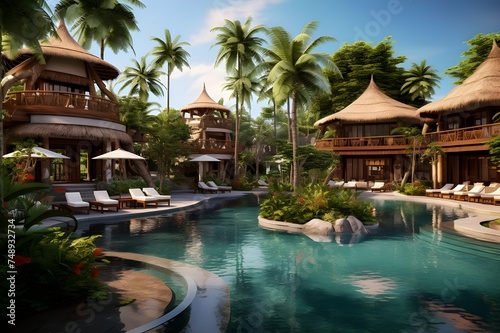 Balinese Resort Architecture: A luxurious Balinese resort with traditional thatched roofs, tropical landscaping, and a serene pool area.