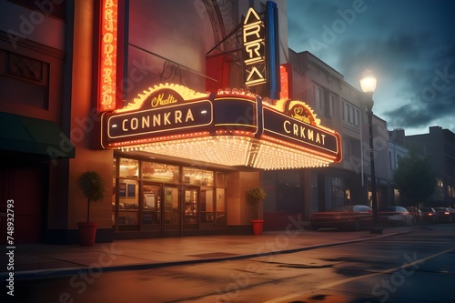 Cinematic Theater Marquee: A cinematic theater with a vibrant marquee, capturing the excitement and glamour of the entertainment industry.
