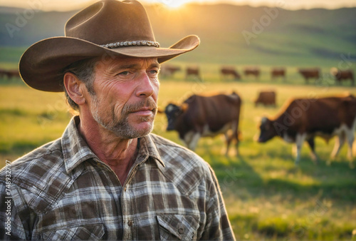 closeup portrait of a mature american cowboy in hat and checkered shirt and cows in meadow in background with sunset light