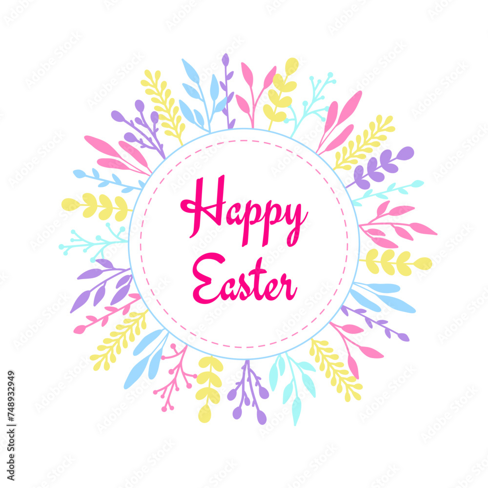 Happy Easter greeting card. Vector illustration with colorful floral wreath flat hand drawn in pastel colors.