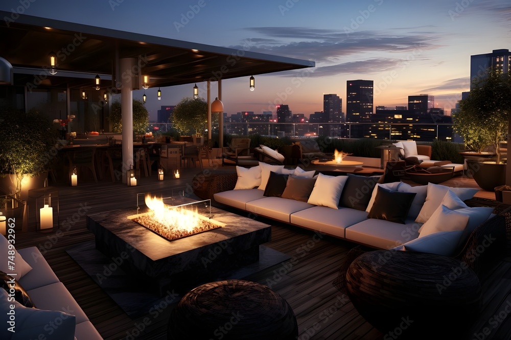 Chic Urban Rooftop Bar: A stylish rooftop bar with panoramic city views, modern furnishings, and a trendy atmosphere.

