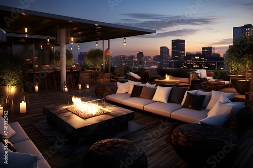 Chic Urban Rooftop Bar: A stylish rooftop bar with panoramic city views, modern furnishings, and a trendy atmosphere.   © Tachfine Art