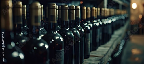 Black wine bottles lined up and stacked on shelves in a luxury private collection collectible wine store. AI generated illustration