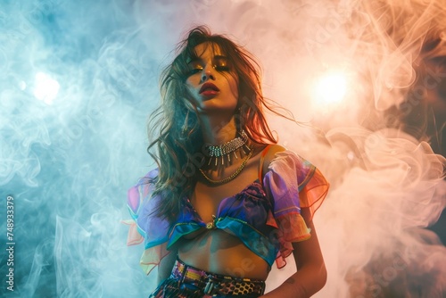 A stylish woman in colorful attire poses amidst smoky lighting, creating a vivid and dynamic image