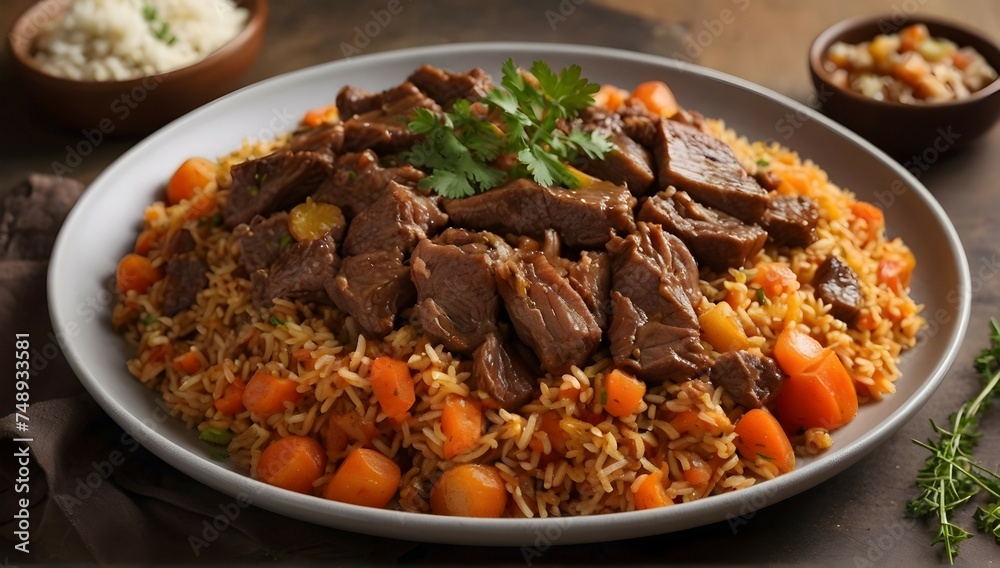 Side view pilaf with stewed beef meat on a plate