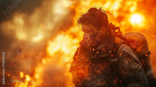A fireman facing a roaring blaze in an action film scene