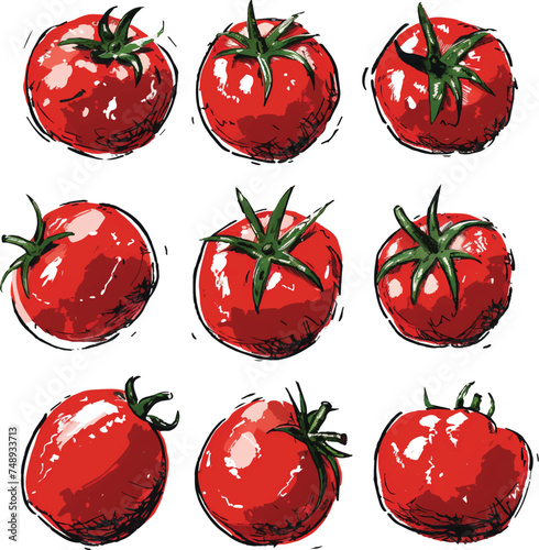 Sketch-Style Tomatoes:  Vibrant hand-drawn tomatoes with a sketch-style flair, showcasing the fresh, red fruit with green stems