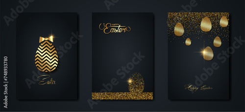 set card Happy Easter gold texture, golden luxury black modern background. Easter holiday invitations templates collection with hand drawn lettering and gold easter eggs. Vector fashion illustration