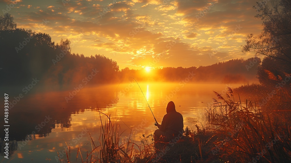 a man is fishing in a lake at sunset - obrazy, fototapety, plakaty 