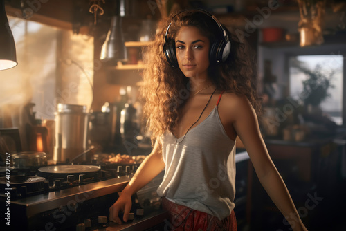 Woman Enjoying Music While Cooking