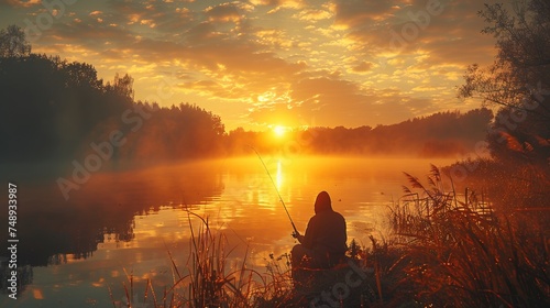 a man is fishing in a lake at sunset
