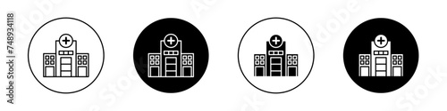 Hospital Building Icon Set. Clinic medic center vector symbol in a black filled and outlined style. Health Sanctuary Sign.