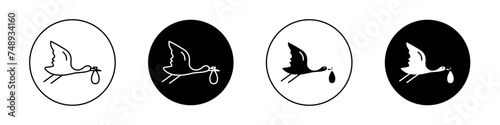 Stork with Baby Icon Set. Stork baby delivery vector symbol in a black filled and outlined style. New Beginnings Sign. photo