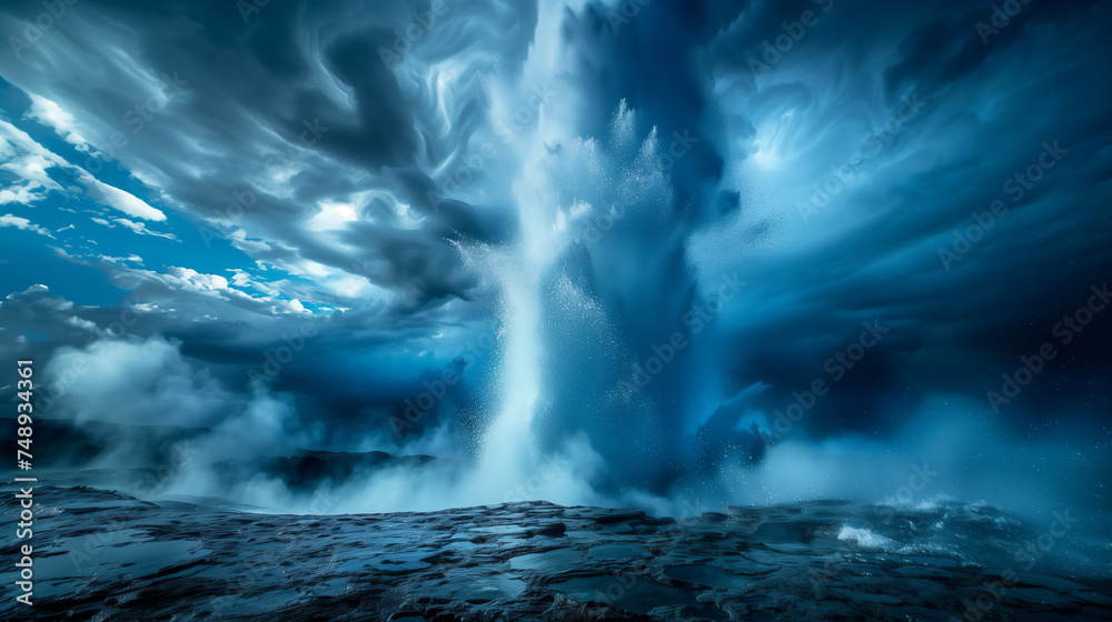 Ethereal Blue Geyser Eruption under Swirling Cloud Formations - Geothermal Wonders of the Earth (AI-generated)