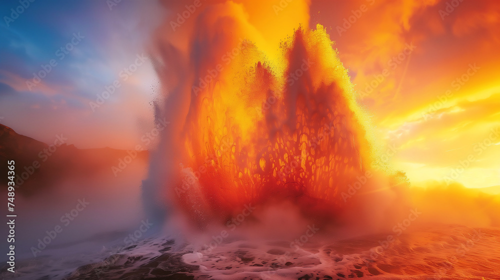 Fiery Sunset Geyser Eruption - A Blazing Display of Earth's Geothermal Activity (AI-Generated)