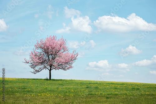 A beautiful lone cherry tree with full pink blossoms in a peaceful meadow against a backdrop of blue sky and fluffy clouds