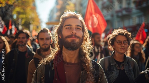 A man with long hair and a beard is in a crowd at a public event, holding a flag