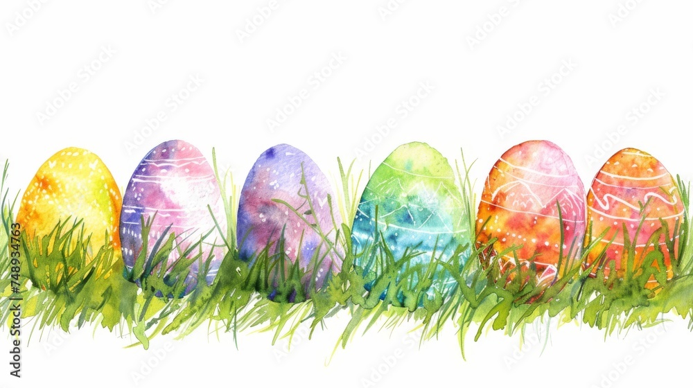 Watercolor illustration of colorful Easter eggs hidden in grass with splashes of paint, evoking a festive spring atmosphere.