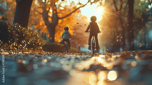 Autumn Family Bike Ride, heartwarming 3D rendering of a family enjoying a bike ride on a sunlit path scattered with golden autumn leaves