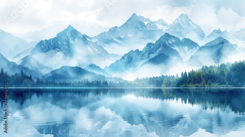 Serene Watercolor Mountain Reflection, tranquil watercolor-style illustration of serene mountains mirrored in the calm waters of a lake, enveloped in a misty atmosphere photo