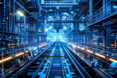 A modern industrial factory hall with glowing neon lights and complex machinery, emphasizing advanced technology and automation