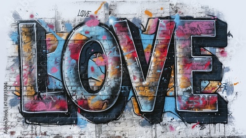 Urban Love Graffiti on Brick Wall, vibrant graffiti artwork spelling 'LOVE' splashed across a weathered brick wall, invoking the spirit of urban romance and artistry