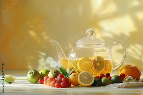 A transparent tea pot filled with fruit and herbal tea on a seamless yellow background photo