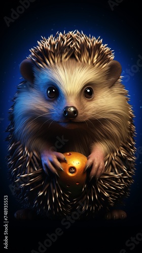 A small hedgehog holds a round object in its paws. On a ablack background. Generative AI
