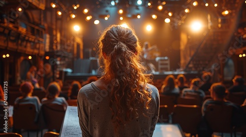 a woman is standing on a stage in front of a crowd of people