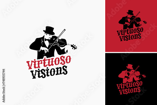 Virtuoso Vision logo design template, Close up of person playing violin with hat on, perfect for music websites, concert posters, educational materials, and artistic projects.