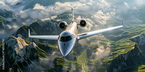 An opulent private jet soars above breathtaking mountain vistas, symbolizing freedom and adventure in travel photo