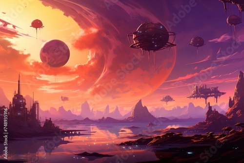 imaginative landscape of mountains and future buildings  visible several planets in space