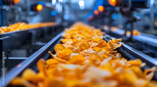 Automated Conveyor System in Factory Packaging Potato Chips for Snack Production. Concept food packaging, conveyor system, snack production, factory automation, potato chips