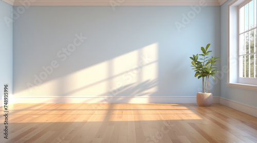 Modern Interior Design with Blue Walls, Wooden Floor and a Green Potted Plant in Sunlit Room