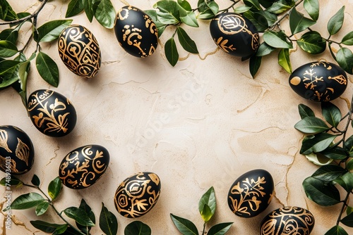 Luxurious and stylish image of black Easter eggs adorned with ornate golden patterns on a natural background