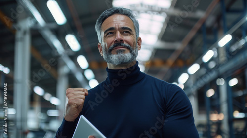 A professional in a manufacturing setting looking thoughtful while holding a tablet, with industrial equipment in the background.