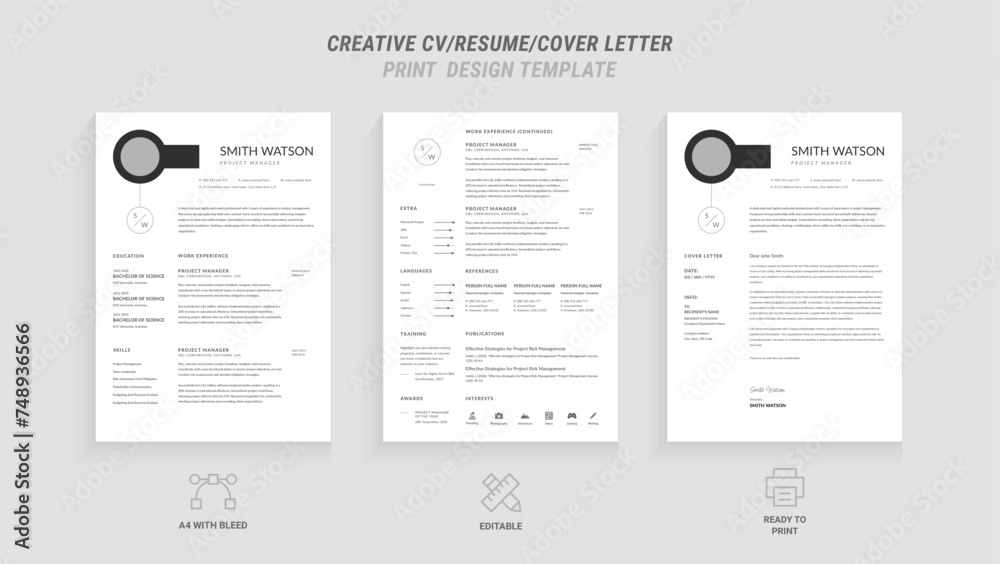 Present yourself professionally with our Minimal Resume, Cover Letter Page Set. Featuring a clean, modern design with a dark sidebar. Ideal for business job applications and multipurpose