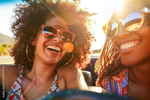 Two women share a moment of joy while driving in a convertible on a sunny day, sunglare photo