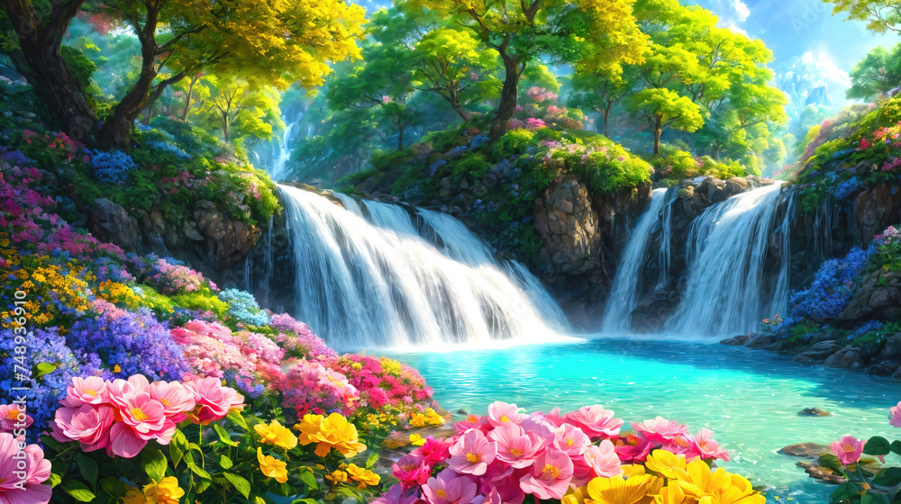 Waterfalls and flowers, beautiful landscape, magical and idyllic background with many flowers in Eden. - obrazy, fototapety, plakaty 