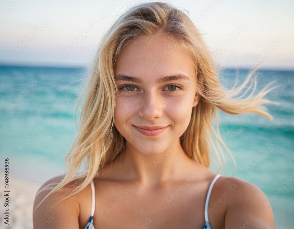 A blonde girl is smiling at the camera on a beach. She is wearing a bikini top A blonde girl is smiling at the camera on a beach. She is wearing a bikini top