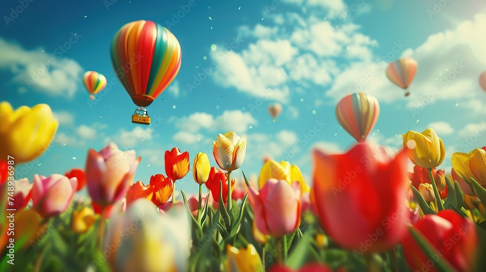 Landscape of a blooming spring field of bright multi-colored tulips with balloons floating in the clear sky