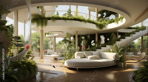 A floating garden oasis within a future residence  featuring unique plant installations and innovative design elements